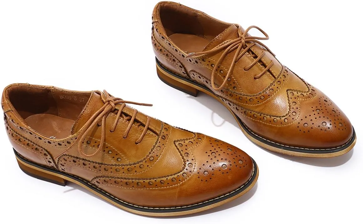Mona flying Women's Leather Perforated Lace-up Oxfords Brogue Wingtip Shoes for Ladies Women