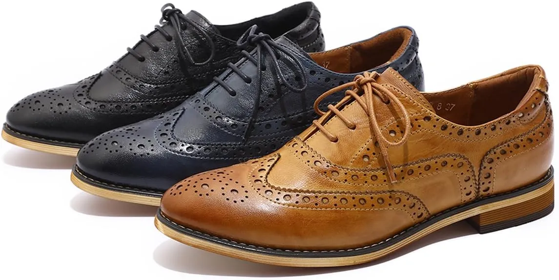 Mona flying Women's Leather Perforated Lace-up Oxfords Brogue Wingtip Shoes for Ladies Women
