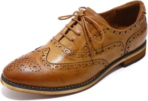 Mona flying Women's Leather Perforated Lace-up Oxfords Brogue Wingtip Shoes for Ladies Women