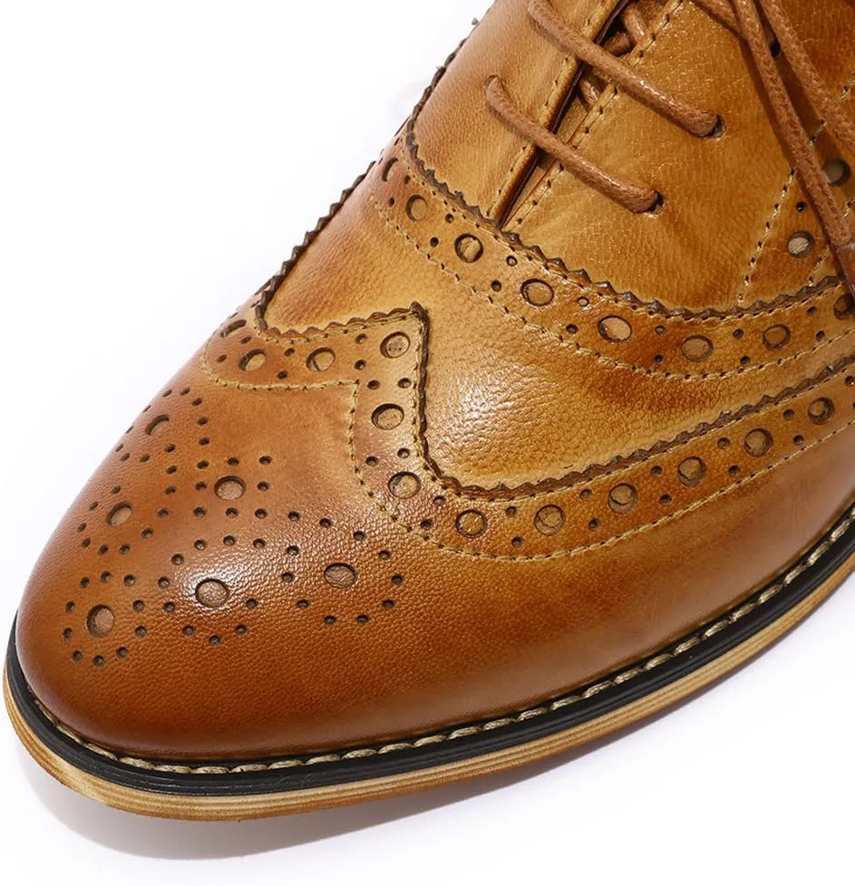 Mona flying Women's Leather Perforated Lace-up Oxfords Brogue Wingtip Shoes for Ladies Women