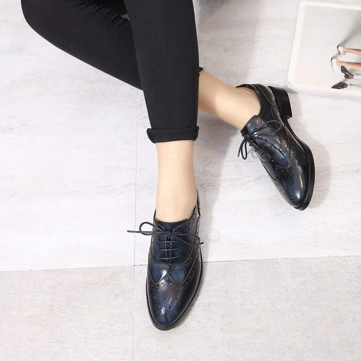 Mona flying Women's Leather Perforated Lace-up Oxfords Brogue Wingtip Shoes for Ladies Women