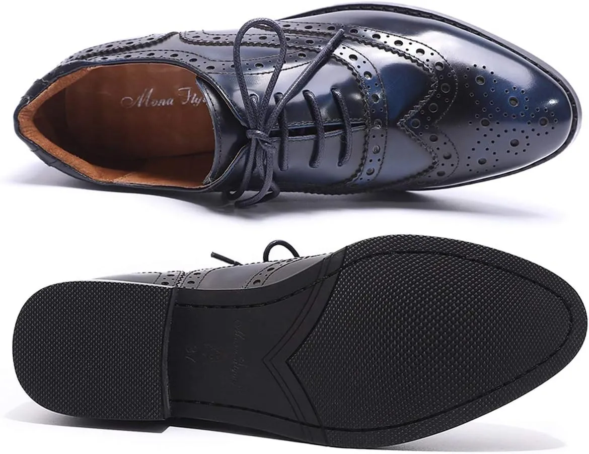 Mona flying Women's Leather Perforated Lace-up Oxfords Brogue Wingtip Shoes for Ladies Women