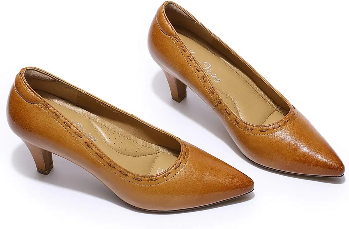 Mona flying Women's Leather Pointed Toe Dress Pumps Comfort High Heels Office Work Shoes for Ladies