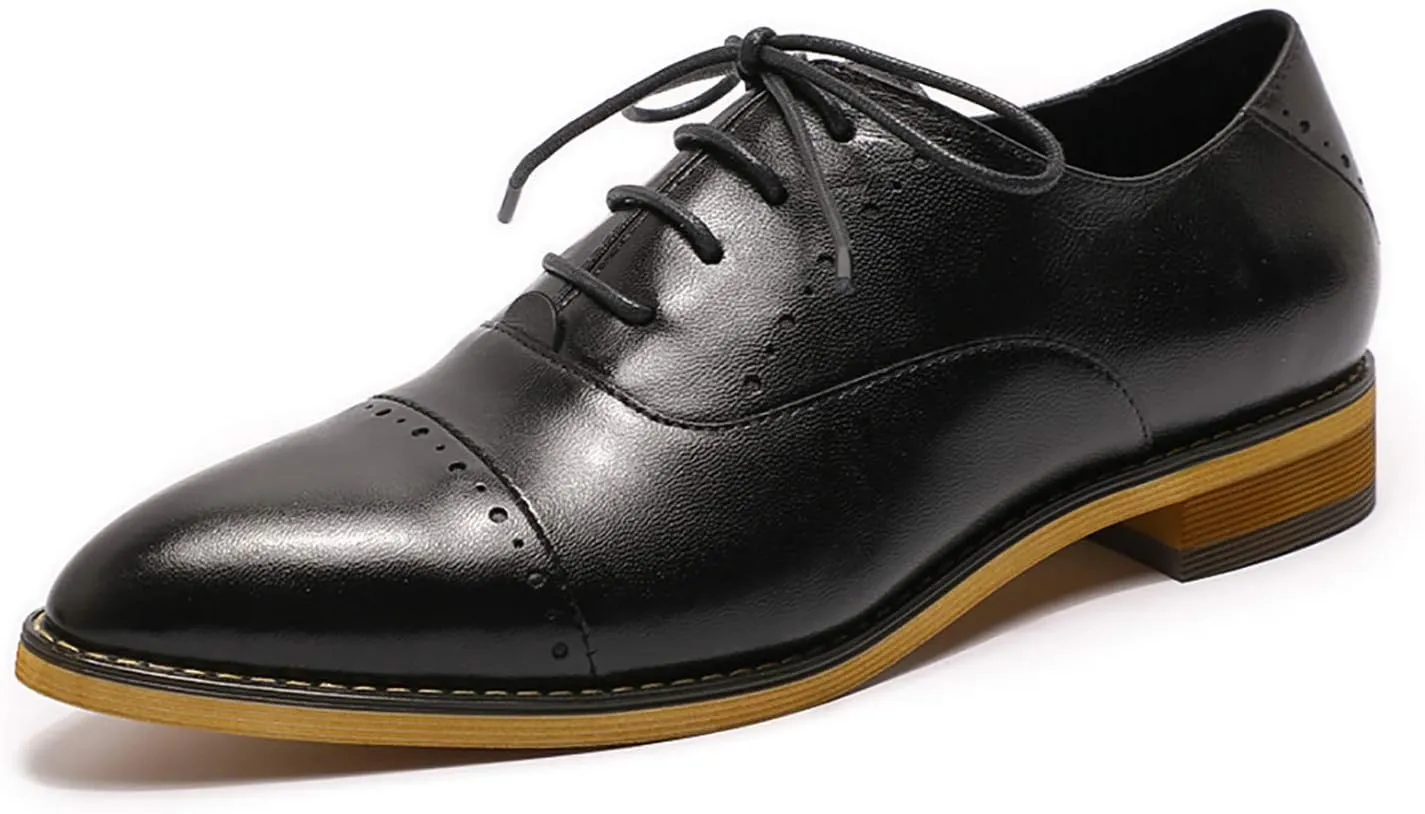 Mona flying Women's Pointed Toe Oxfords Brogue Retro Lace up Leather Work Shoes for Ladies