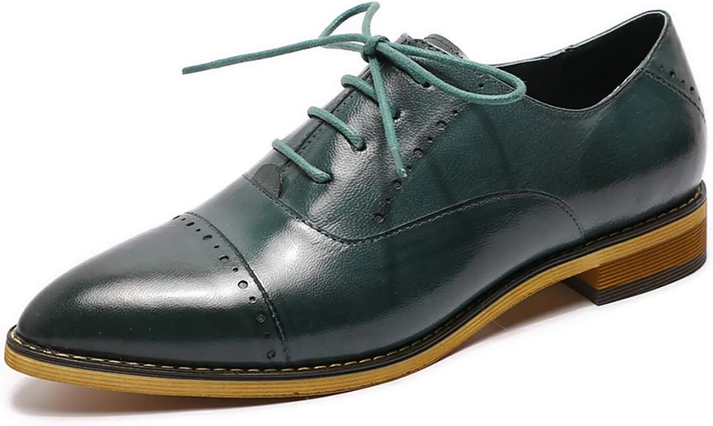 Mona flying Women's Pointed Toe Oxfords Brogue Retro Lace up Leather Work Shoes for Ladies