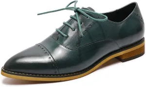 Mona flying Women's Pointed Toe Oxfords Brogue Retro Lace up Leather Work Shoes for Ladies