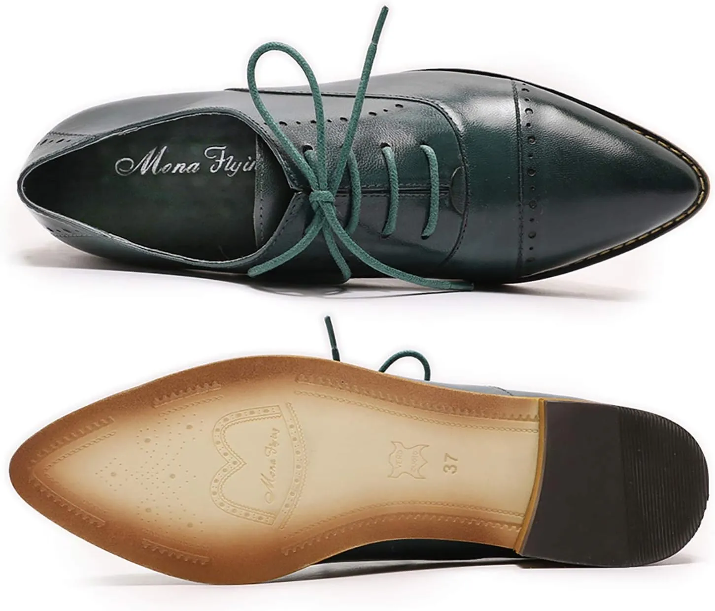 Mona flying Women's Pointed Toe Oxfords Brogue Retro Lace up Leather Work Shoes for Ladies