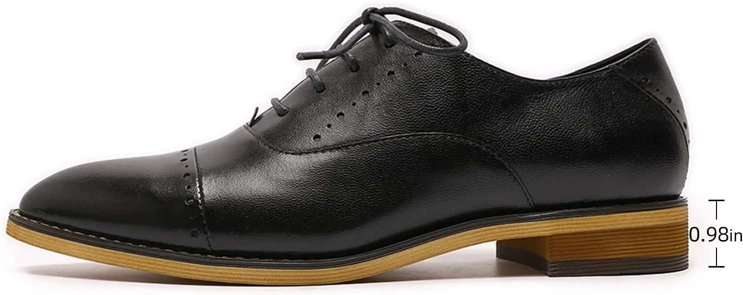Mona flying Women's Pointed Toe Oxfords Brogue Retro Lace up Leather Work Shoes for Ladies