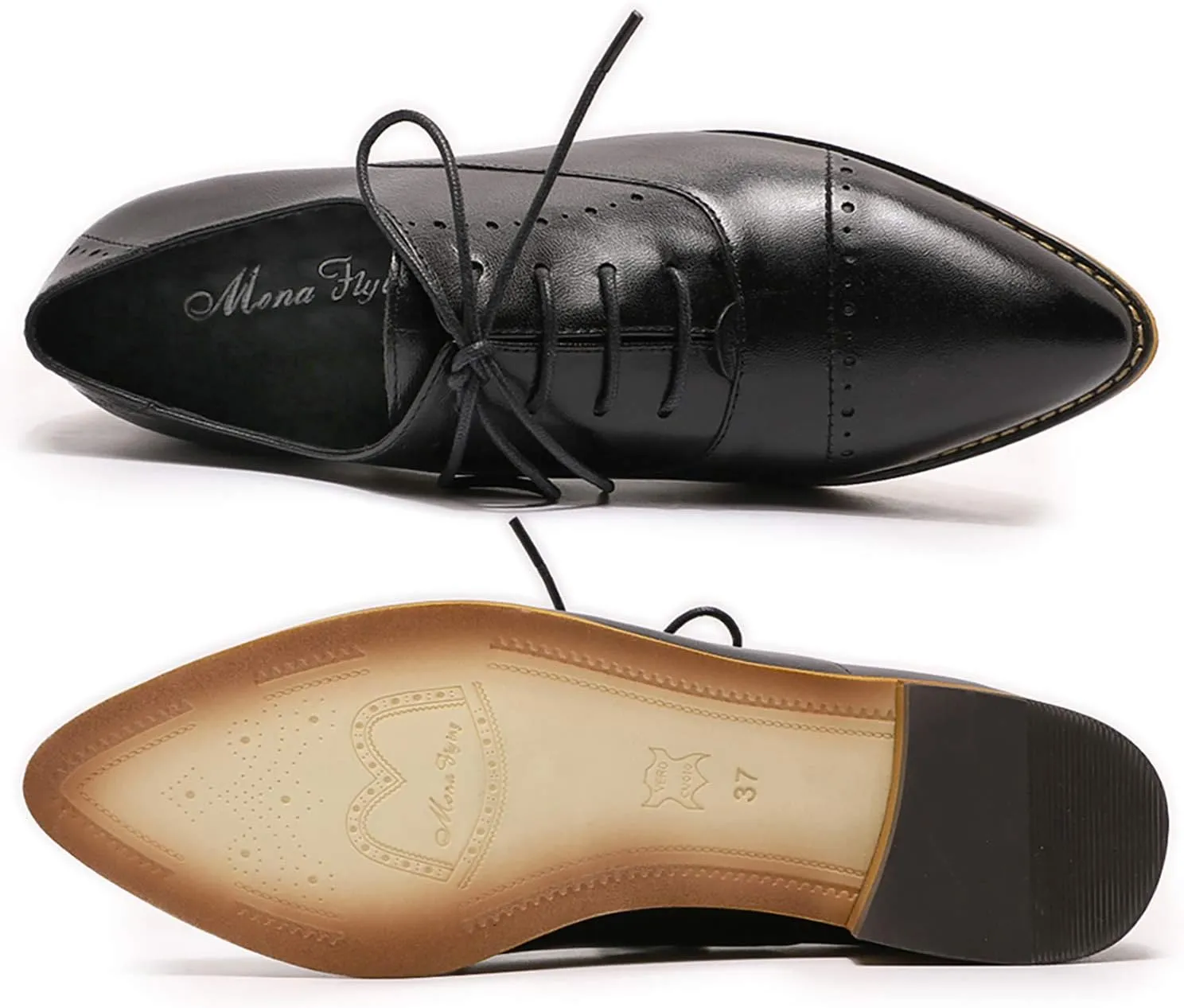 Mona flying Women's Pointed Toe Oxfords Brogue Retro Lace up Leather Work Shoes for Ladies