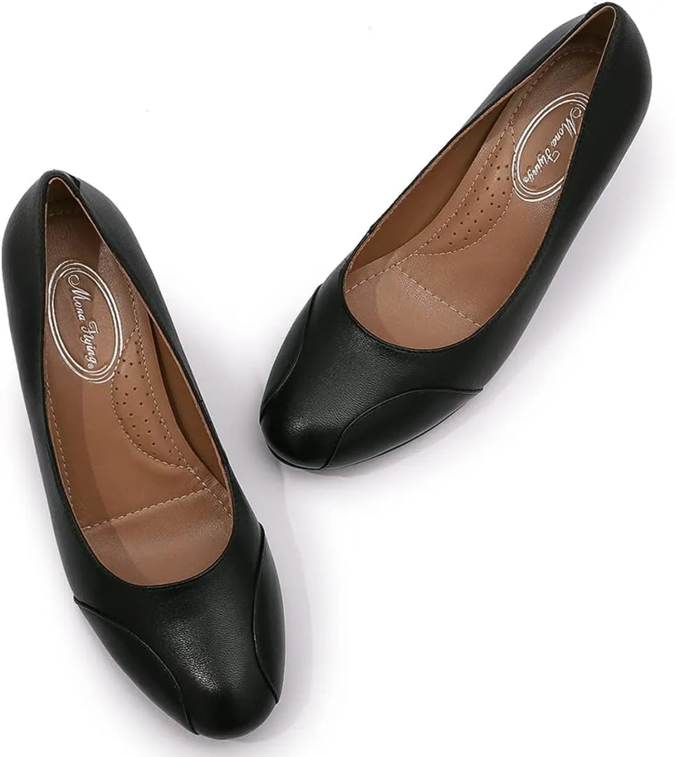 Mona flying Womens Retro Dress Pumps 7cm Chunky Heel Leather Dressy Shoes for Ladies