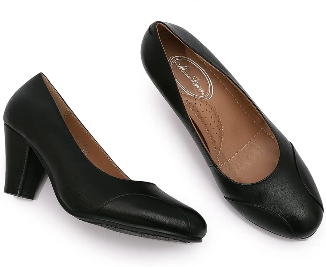 Mona flying Womens Retro Dress Pumps 7cm Chunky Heel Leather Dressy Shoes for Ladies