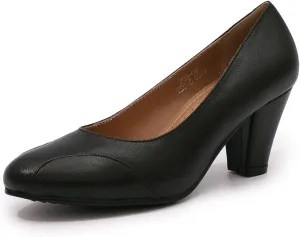 Mona flying Womens Retro Dress Pumps 7cm Chunky Heel Leather Dressy Shoes for Ladies