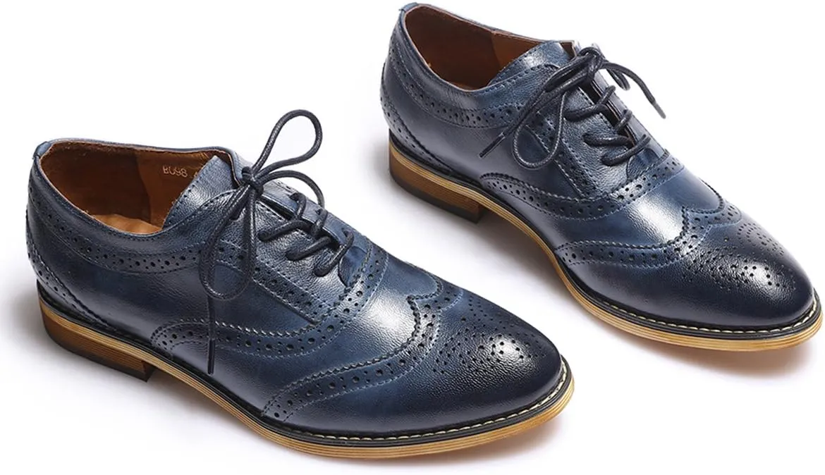 Mona flying Women's Stacked Heel Wingtip Oxfords Ladies Comfortable Lace-up Leather Brogue Shoes