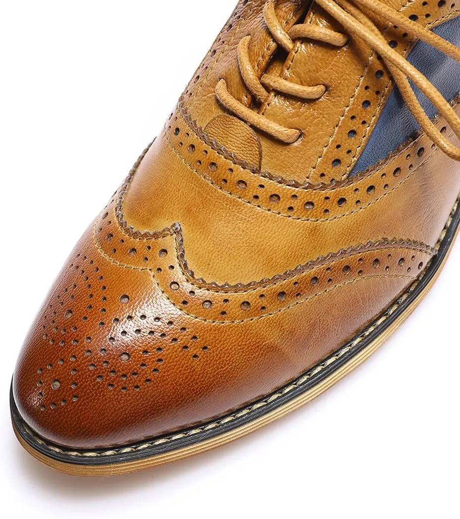 Mona flying Women's Stacked Heel Wingtip Oxfords Ladies Comfortable Lace-up Leather Brogue Shoes