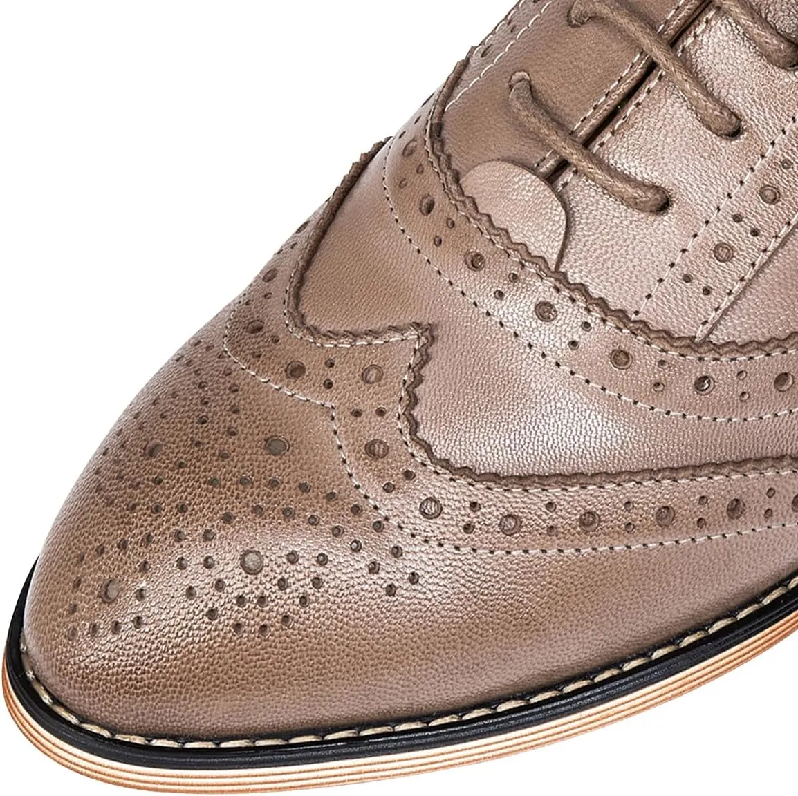 Mona flying Women's Stacked Heel Wingtip Oxfords Ladies Comfortable Lace-up Leather Brogue Shoes