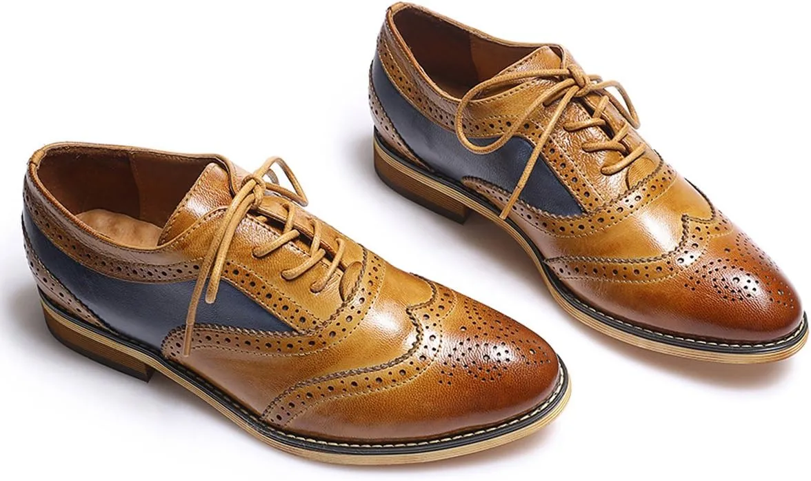 Mona flying Women's Stacked Heel Wingtip Oxfords Ladies Comfortable Lace-up Leather Brogue Shoes