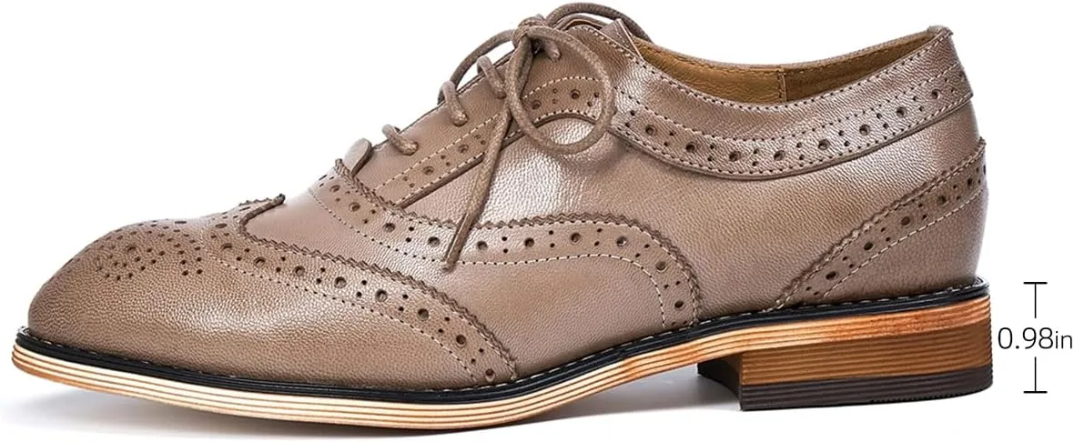 Mona flying Women's Stacked Heel Wingtip Oxfords Ladies Comfortable Lace-up Leather Brogue Shoes
