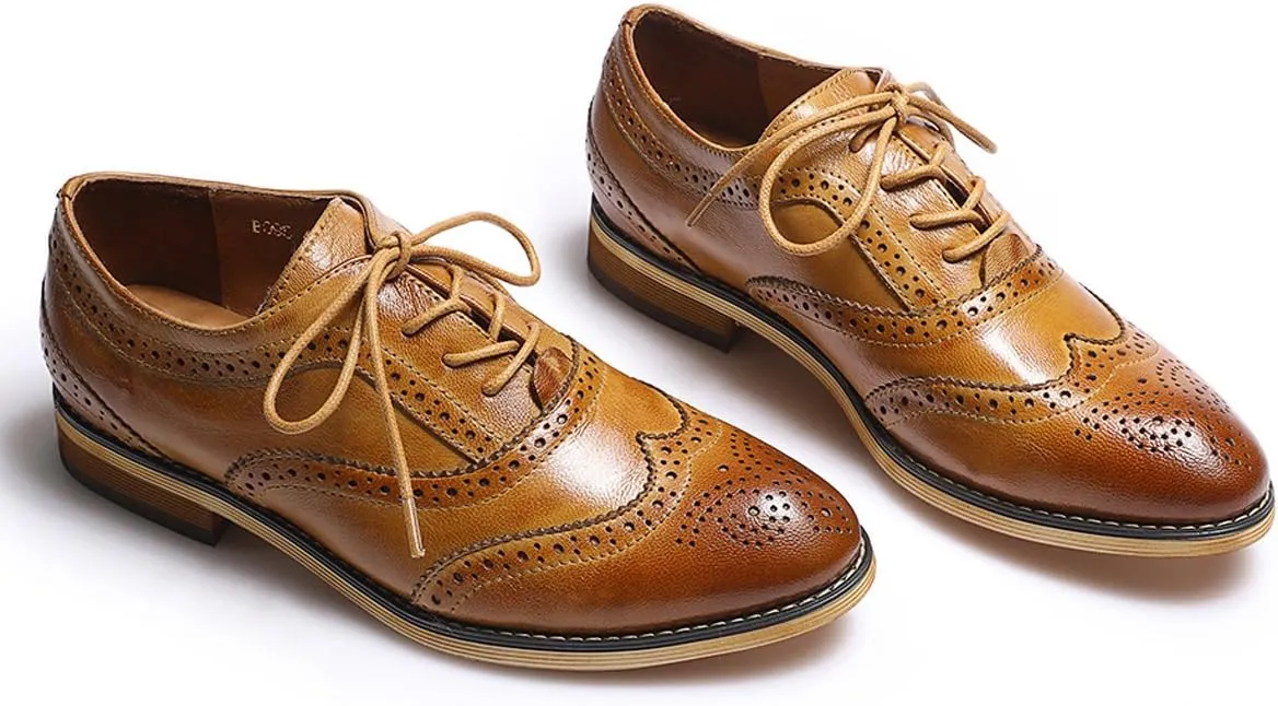 Mona flying Women's Stacked Heel Wingtip Oxfords Ladies Comfortable Lace-up Leather Brogue Shoes