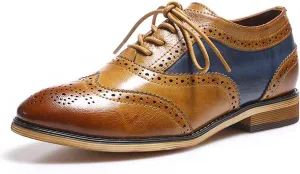 Mona flying Women's Stacked Heel Wingtip Oxfords Ladies Comfortable Lace-up Leather Brogue Shoes