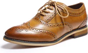 Mona flying Women's Stacked Heel Wingtip Oxfords Ladies Comfortable Lace-up Leather Brogue Shoes