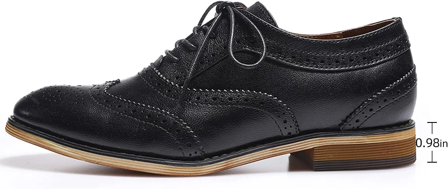 Mona flying Women's Stacked Heel Wingtip Oxfords Ladies Comfortable Lace-up Leather Brogue Shoes