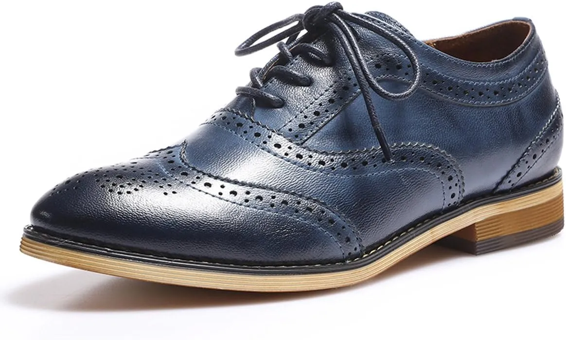 Mona flying Women's Stacked Heel Wingtip Oxfords Ladies Comfortable Lace-up Leather Brogue Shoes