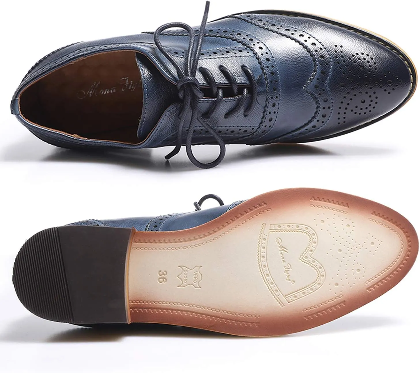 Mona flying Women's Stacked Heel Wingtip Oxfords Ladies Comfortable Lace-up Leather Brogue Shoes