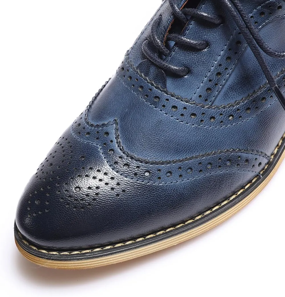 Mona flying Women's Stacked Heel Wingtip Oxfords Ladies Comfortable Lace-up Leather Brogue Shoes