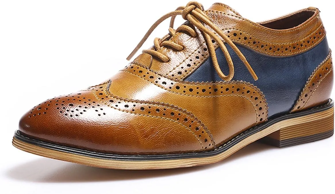 Mona flying Women's Stacked Heel Wingtip Oxfords Ladies Comfortable Lace-up Leather Brogue Shoes