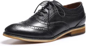 Mona flying Women's Stacked Heel Wingtip Oxfords Ladies Comfortable Lace-up Leather Brogue Shoes