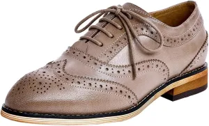 Mona flying Women's Stacked Heel Wingtip Oxfords Ladies Comfortable Lace-up Leather Brogue Shoes