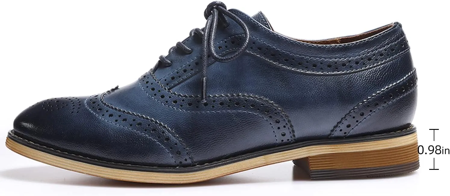 Mona flying Women's Stacked Heel Wingtip Oxfords Ladies Comfortable Lace-up Leather Brogue Shoes