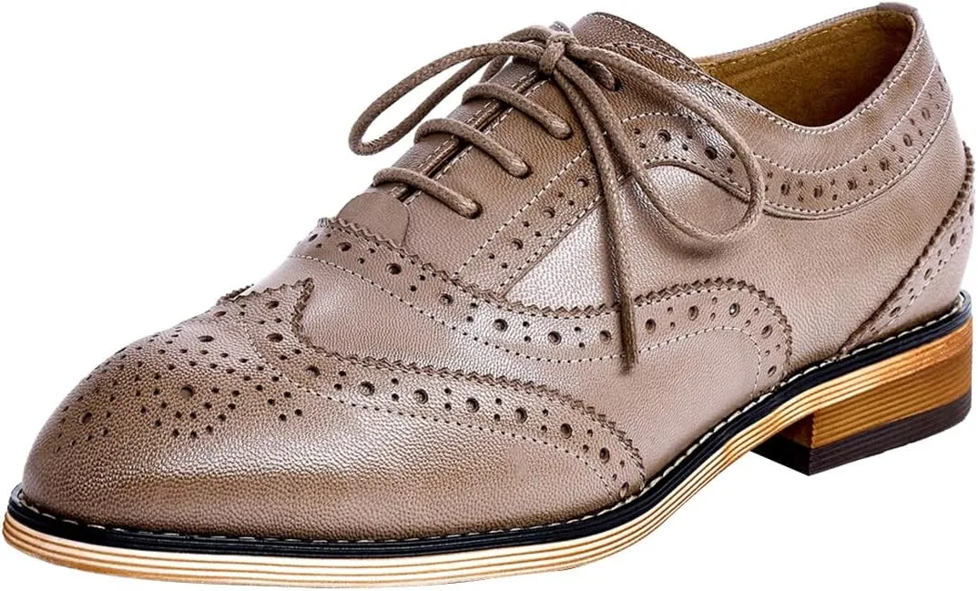 Mona flying Women's Stacked Heel Wingtip Oxfords Ladies Comfortable Lace-up Leather Brogue Shoes