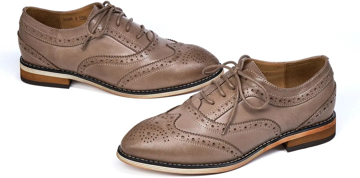 Mona flying Women's Stacked Heel Wingtip Oxfords Ladies Comfortable Lace-up Leather Brogue Shoes