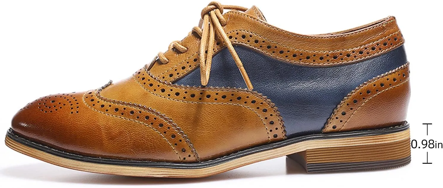 Mona flying Women's Stacked Heel Wingtip Oxfords Ladies Comfortable Lace-up Leather Brogue Shoes