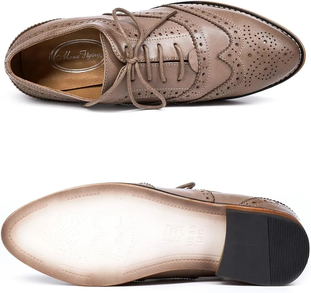 Mona flying Women's Stacked Heel Wingtip Oxfords Ladies Comfortable Lace-up Leather Brogue Shoes