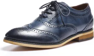 Mona flying Women's Stacked Heel Wingtip Oxfords Ladies Comfortable Lace-up Leather Brogue Shoes