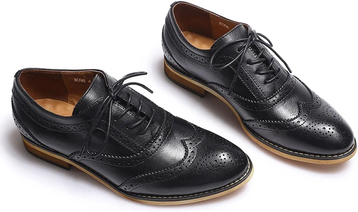 Mona flying Women's Stacked Heel Wingtip Oxfords Ladies Comfortable Lace-up Leather Brogue Shoes