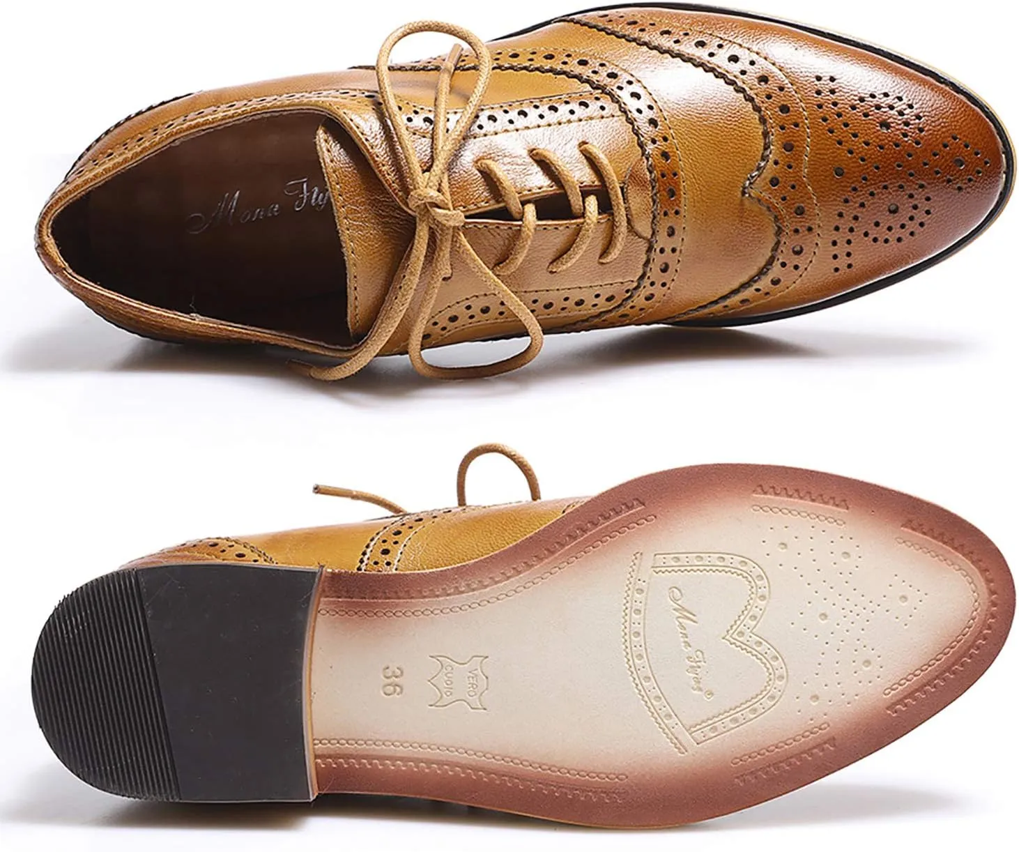 Mona flying Women's Stacked Heel Wingtip Oxfords Ladies Comfortable Lace-up Leather Brogue Shoes