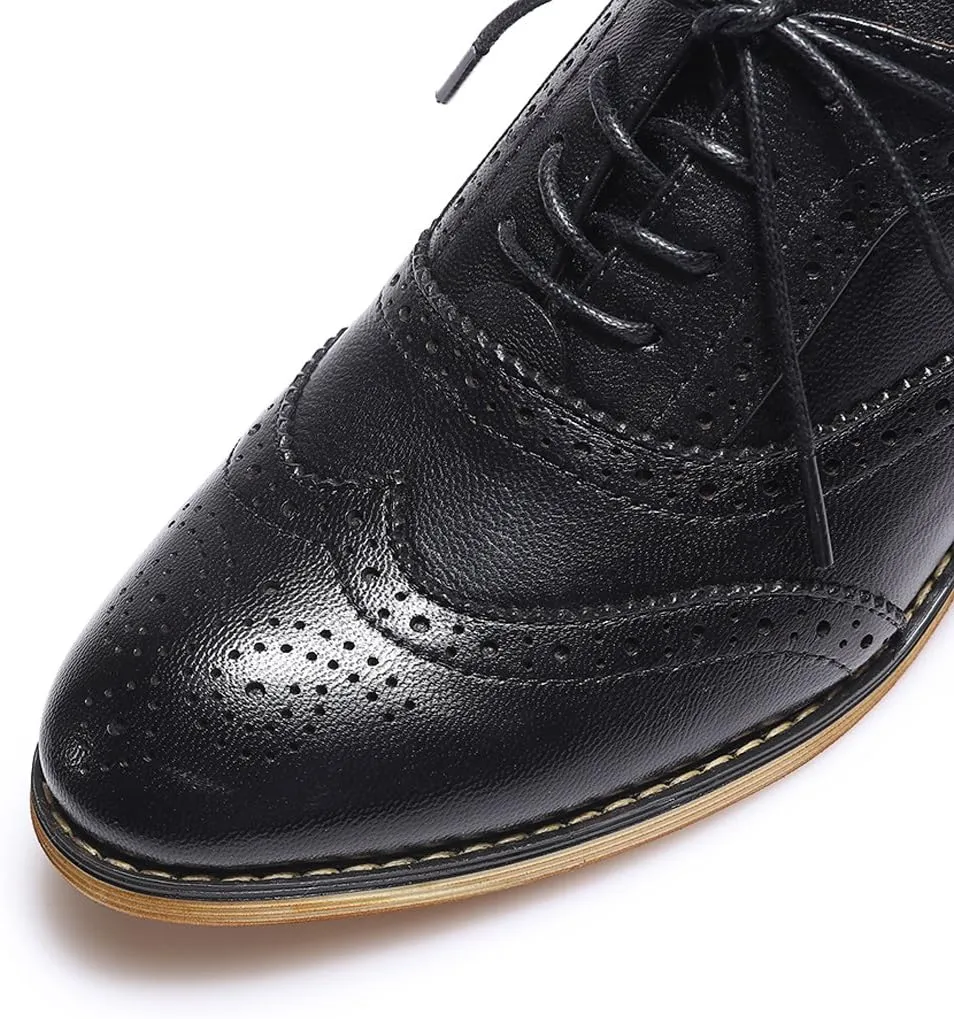 Mona flying Women's Stacked Heel Wingtip Oxfords Ladies Comfortable Lace-up Leather Brogue Shoes
