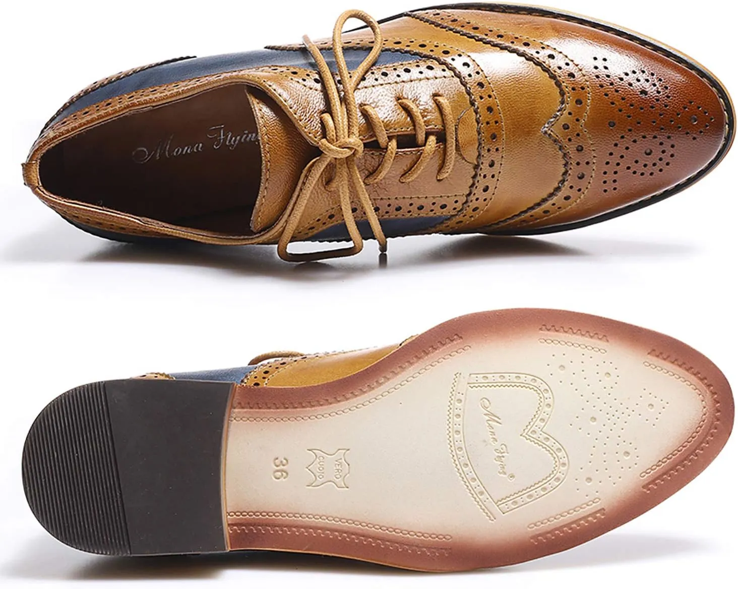 Mona flying Women's Stacked Heel Wingtip Oxfords Ladies Comfortable Lace-up Leather Brogue Shoes