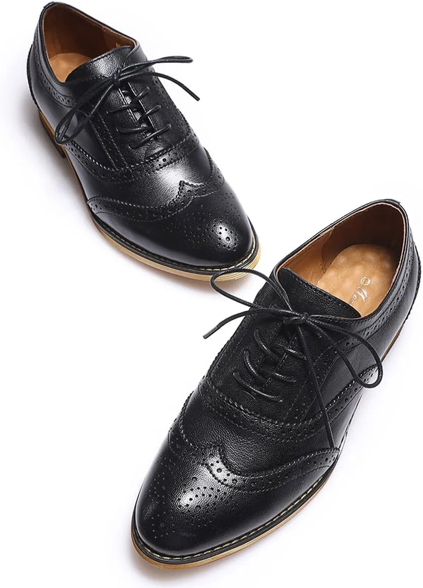 Mona flying Women's Stacked Heel Wingtip Oxfords Ladies Comfortable Lace-up Leather Brogue Shoes