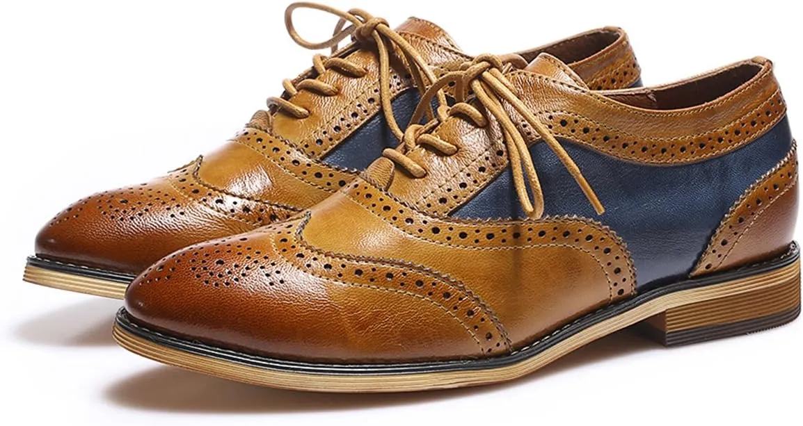 Mona flying Women's Stacked Heel Wingtip Oxfords Ladies Comfortable Lace-up Leather Brogue Shoes
