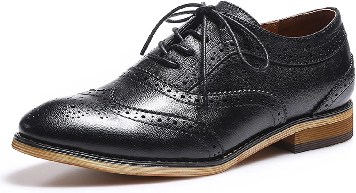 Mona flying Women's Stacked Heel Wingtip Oxfords Ladies Comfortable Lace-up Leather Brogue Shoes