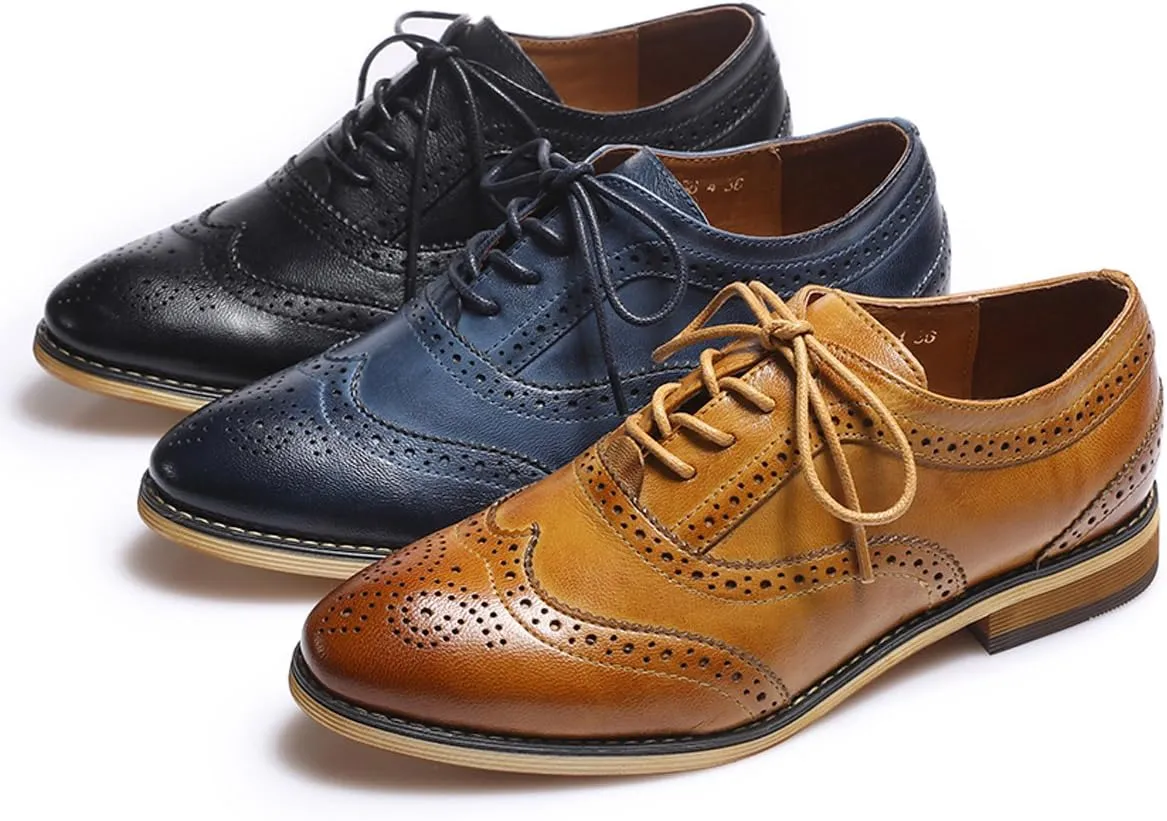 Mona flying Women's Stacked Heel Wingtip Oxfords Ladies Comfortable Lace-up Leather Brogue Shoes