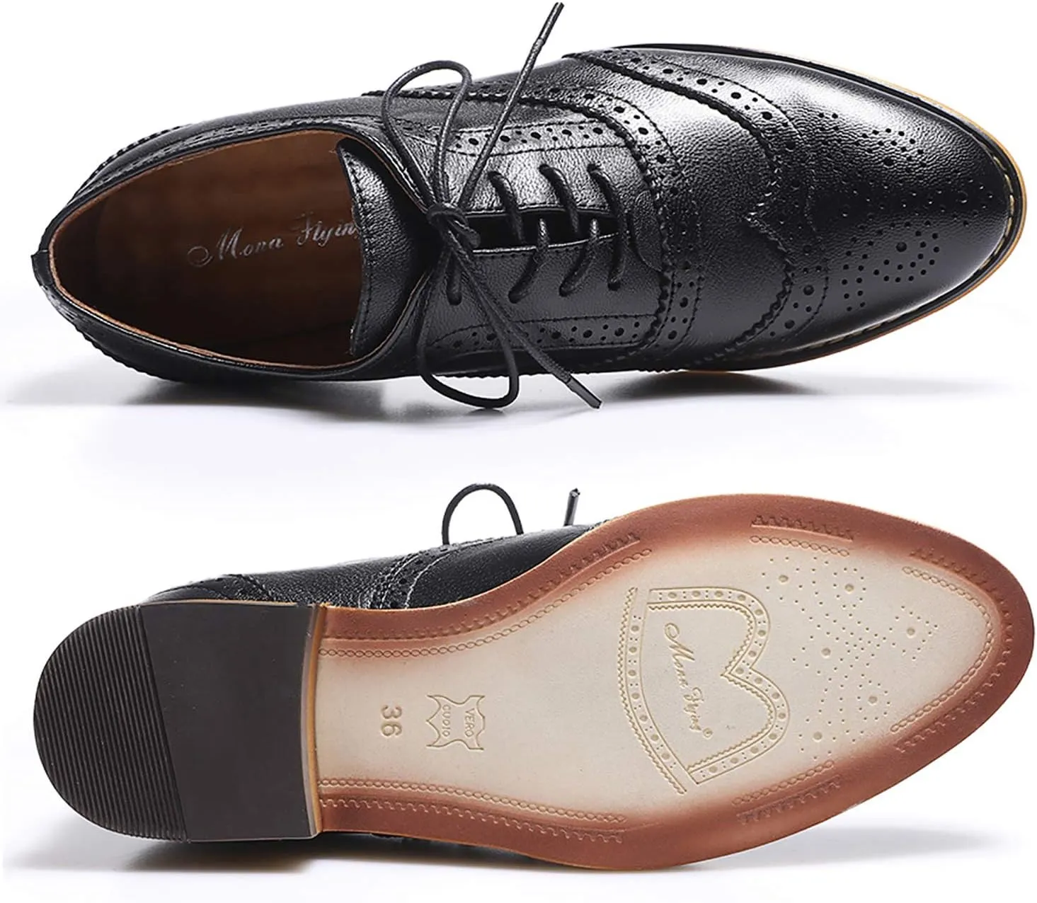 Mona flying Women's Stacked Heel Wingtip Oxfords Ladies Comfortable Lace-up Leather Brogue Shoes