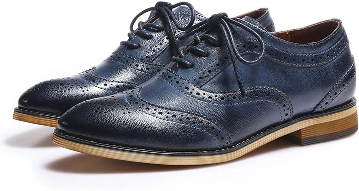 Mona flying Women's Stacked Heel Wingtip Oxfords Ladies Comfortable Lace-up Leather Brogue Shoes