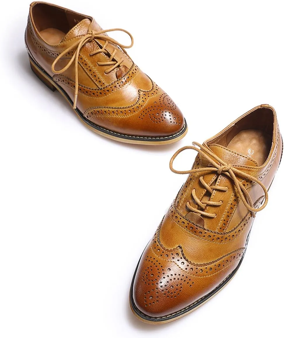 Mona flying Women's Stacked Heel Wingtip Oxfords Ladies Comfortable Lace-up Leather Brogue Shoes