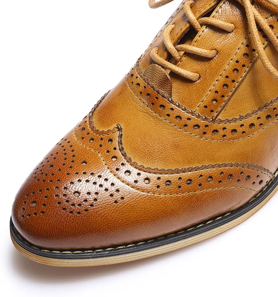 Mona flying Women's Stacked Heel Wingtip Oxfords Ladies Comfortable Lace-up Leather Brogue Shoes