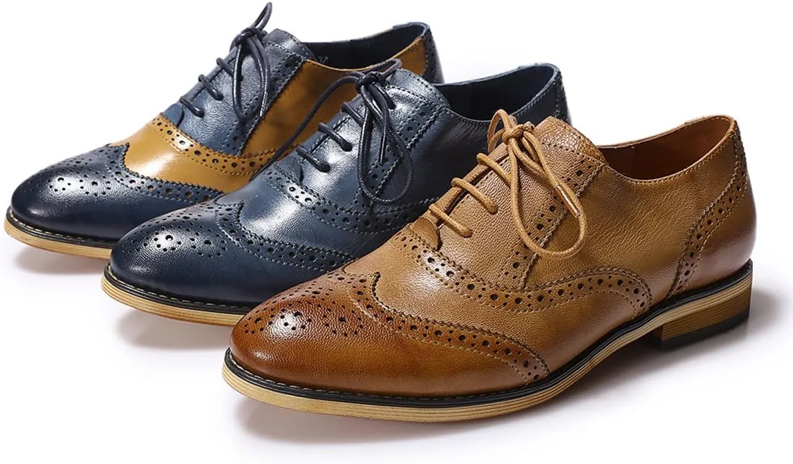 Mona flying Womens Vintage Wingtip Oxfords Ladies Lace up Leather Shoes